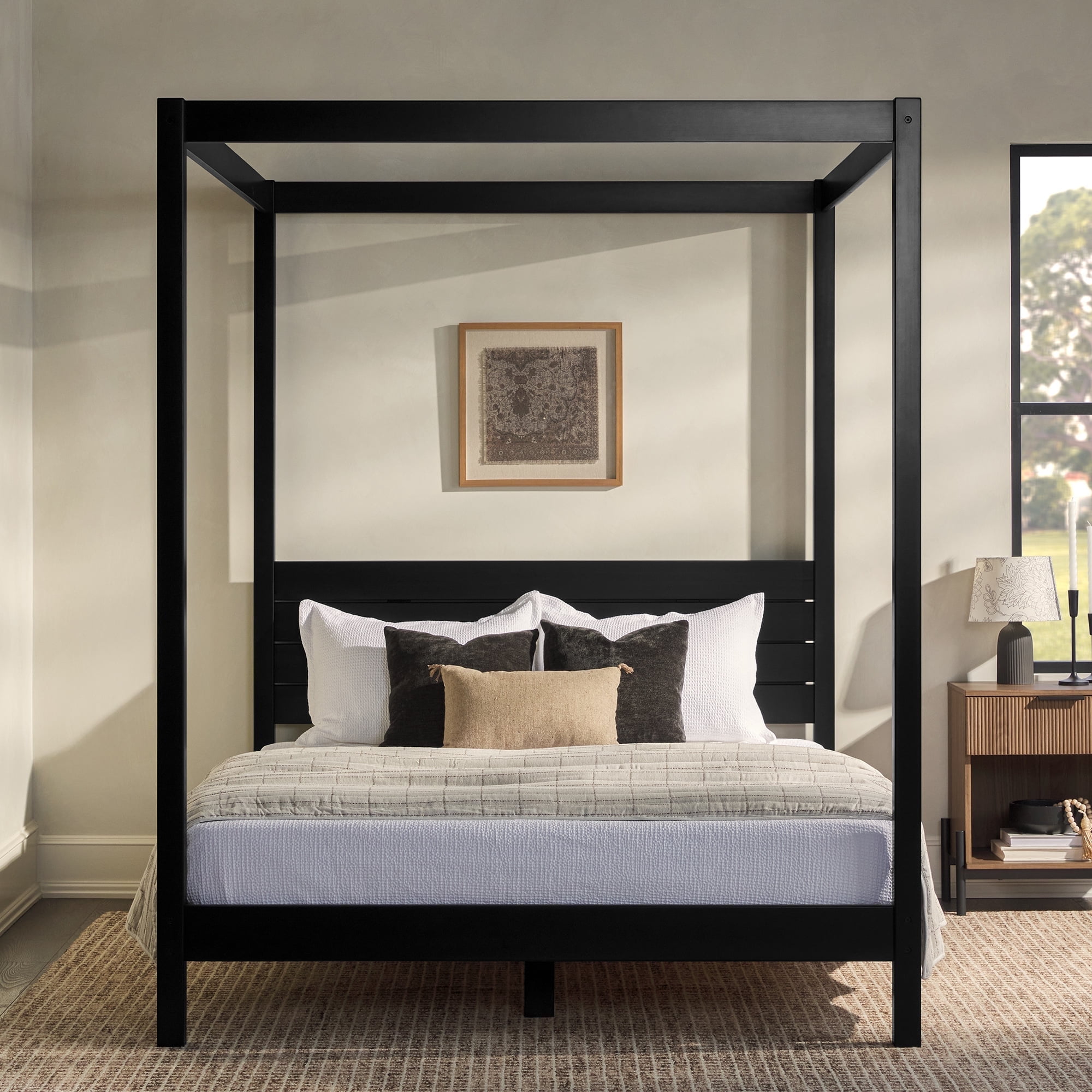Walker Edison Wooden Queen Canopy Bedframe, Minimalist Slatted Walker Edison Wooden Queen Canopy Bedframe, Minimalist Slatted