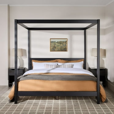 Walker Edison Minimalist Solid Wood King-Size Canopy Bedframe, Black