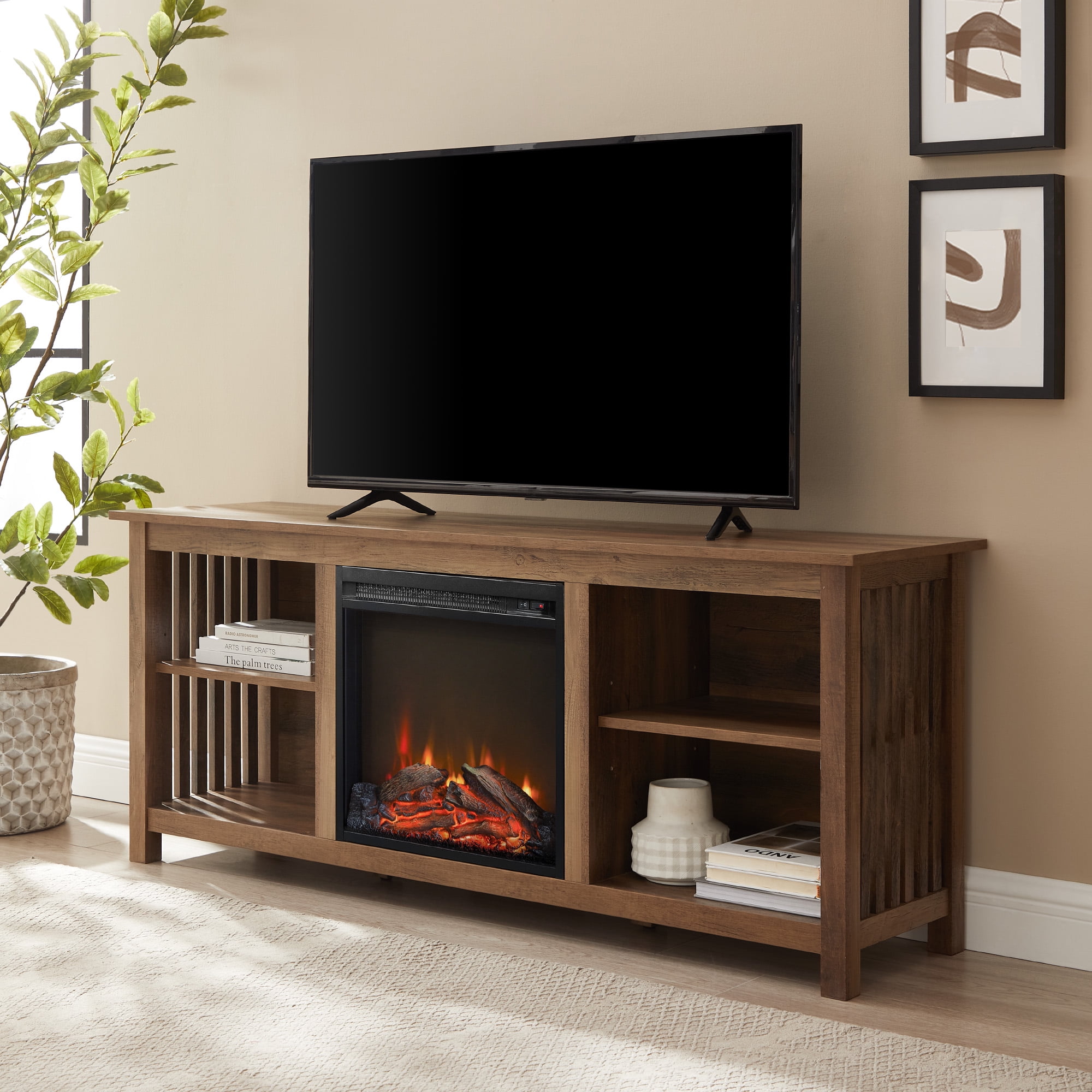 Walker Edison Electric Fireplace TV Stand - Rustic Oak - Walmart.com