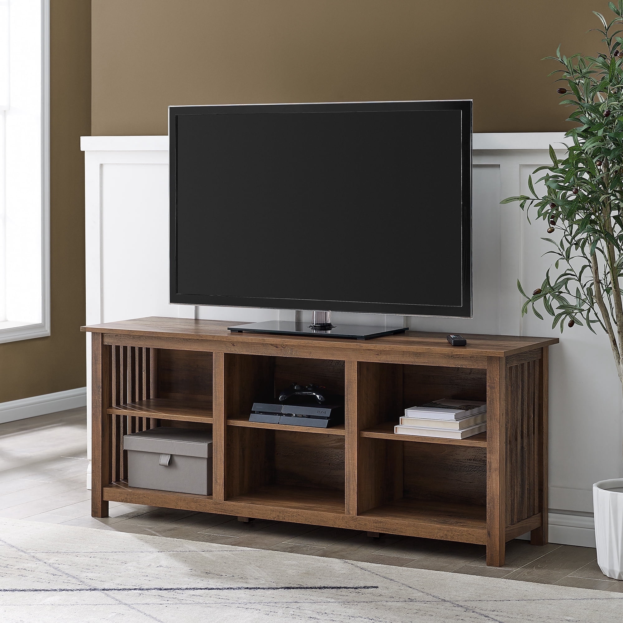 Walker Edison Mission Slatted Side TV Stand for TVs up to 65”, Rustic Oak
