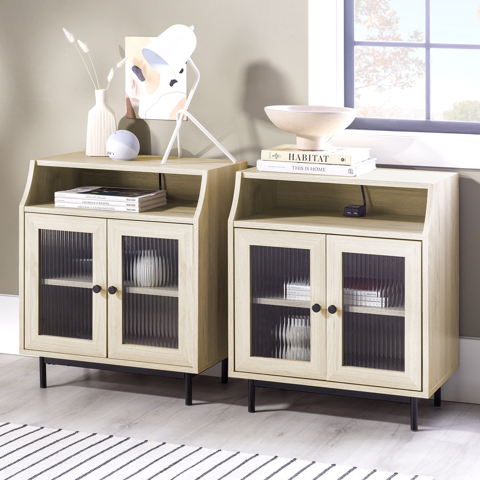 Walker Edison Modern 2 Door USB Port Nightstand, Set of 2, Birch