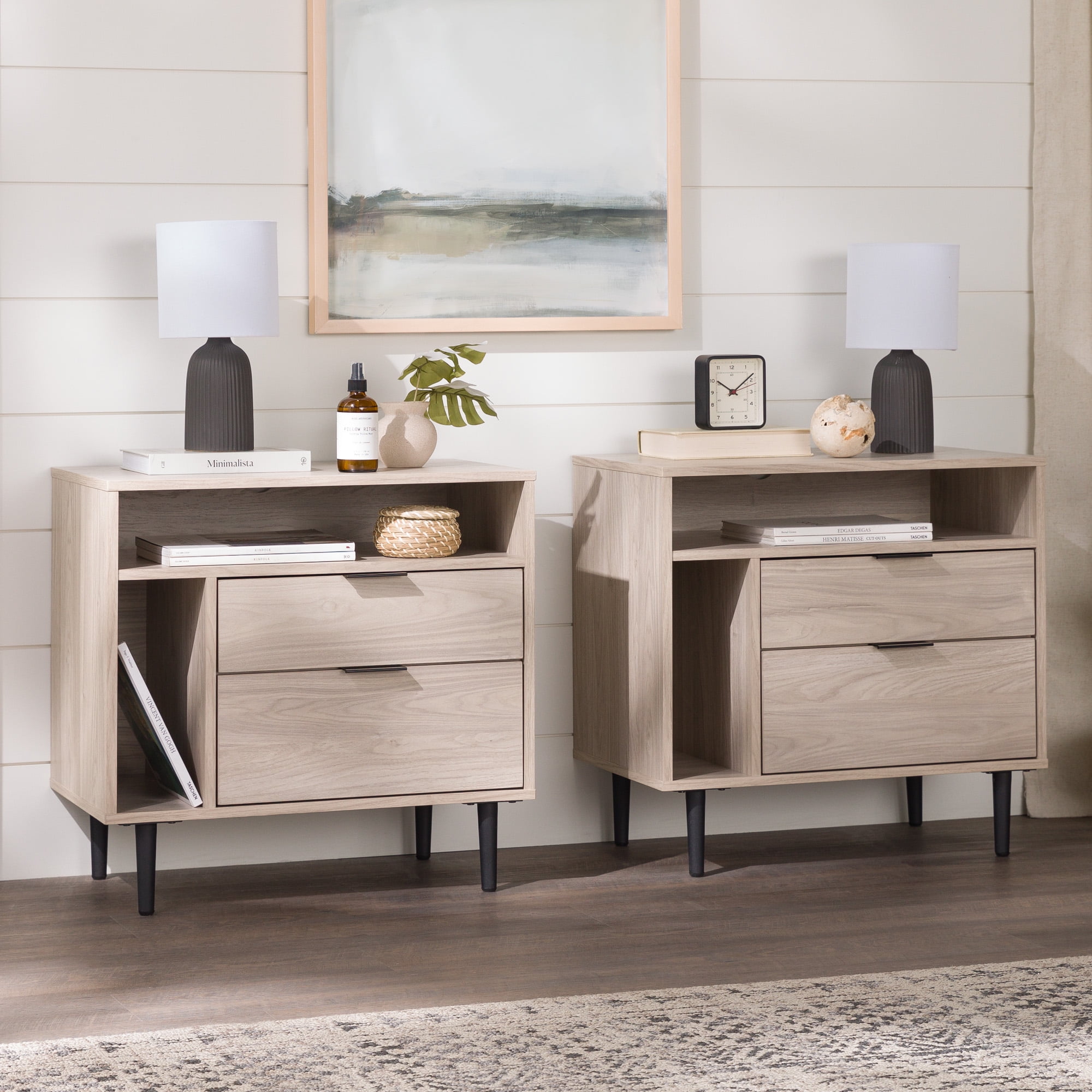Walker Edison Modern 2-Drawer Nightstand, Set of 2, Birch