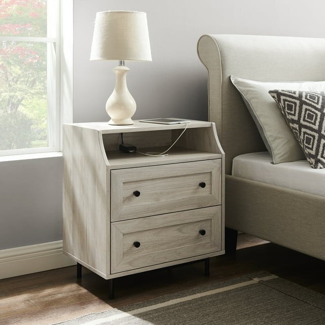 Walker Edison Modern 2 Drawer Nightstand with USB Port, Birch