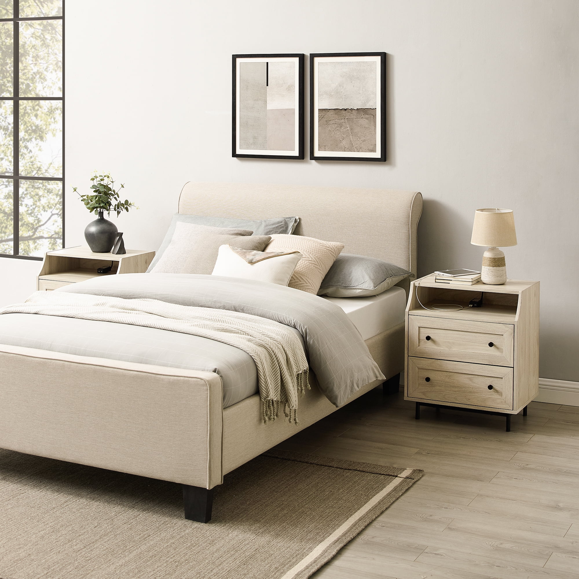 Walker Edison Modern 2 Drawer USB Port Nightstand, Set of 2, Birch