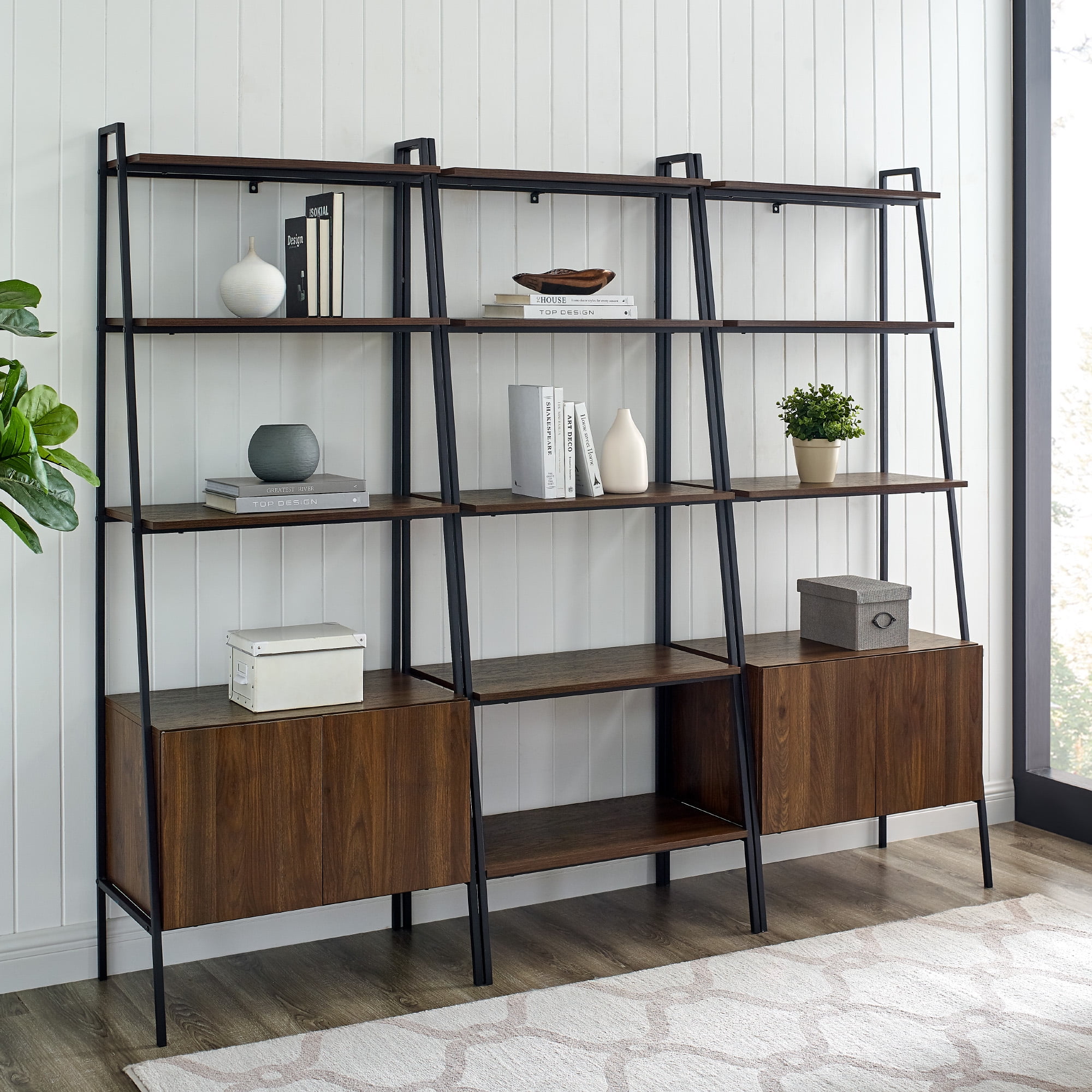 Walker Edison Modern 3 Piece Ladder Bookshelf Set, Dark Walnut