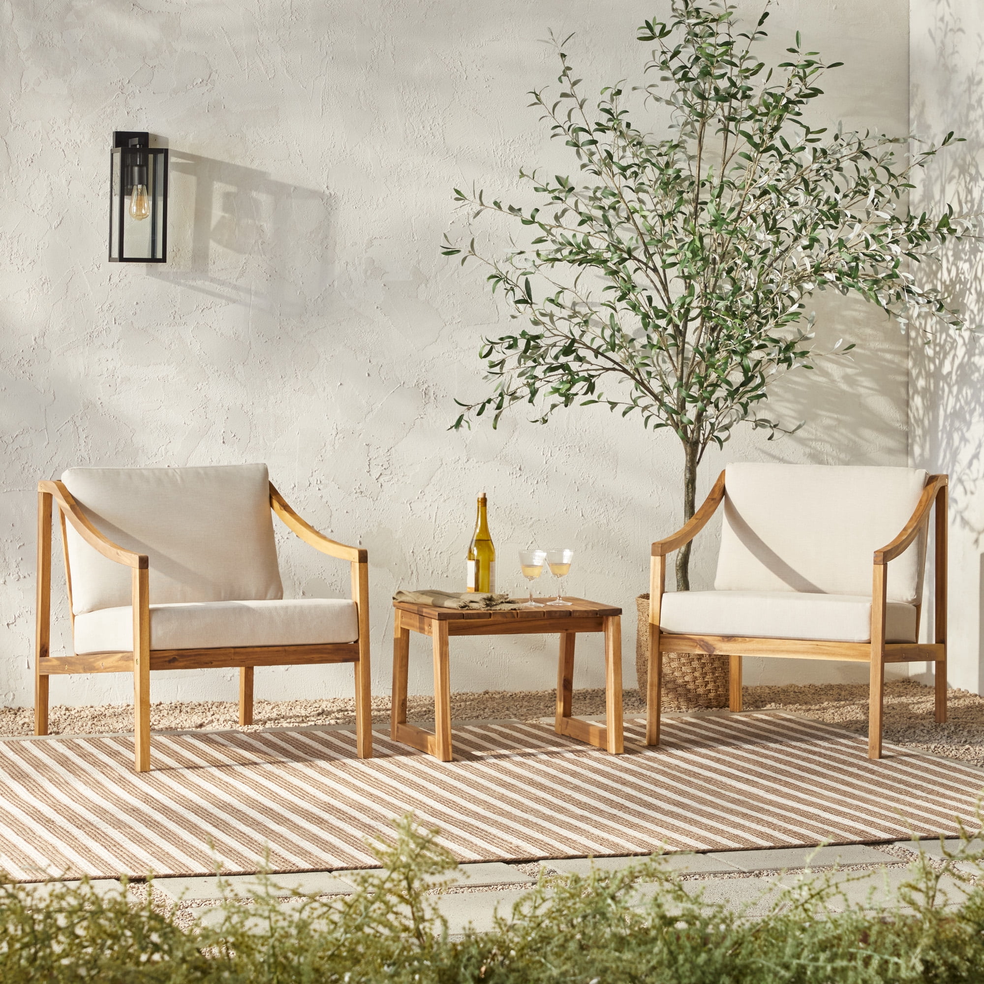 Walker Edison Modern 3-Piece Slatted Outdoor Chat Set, Natural