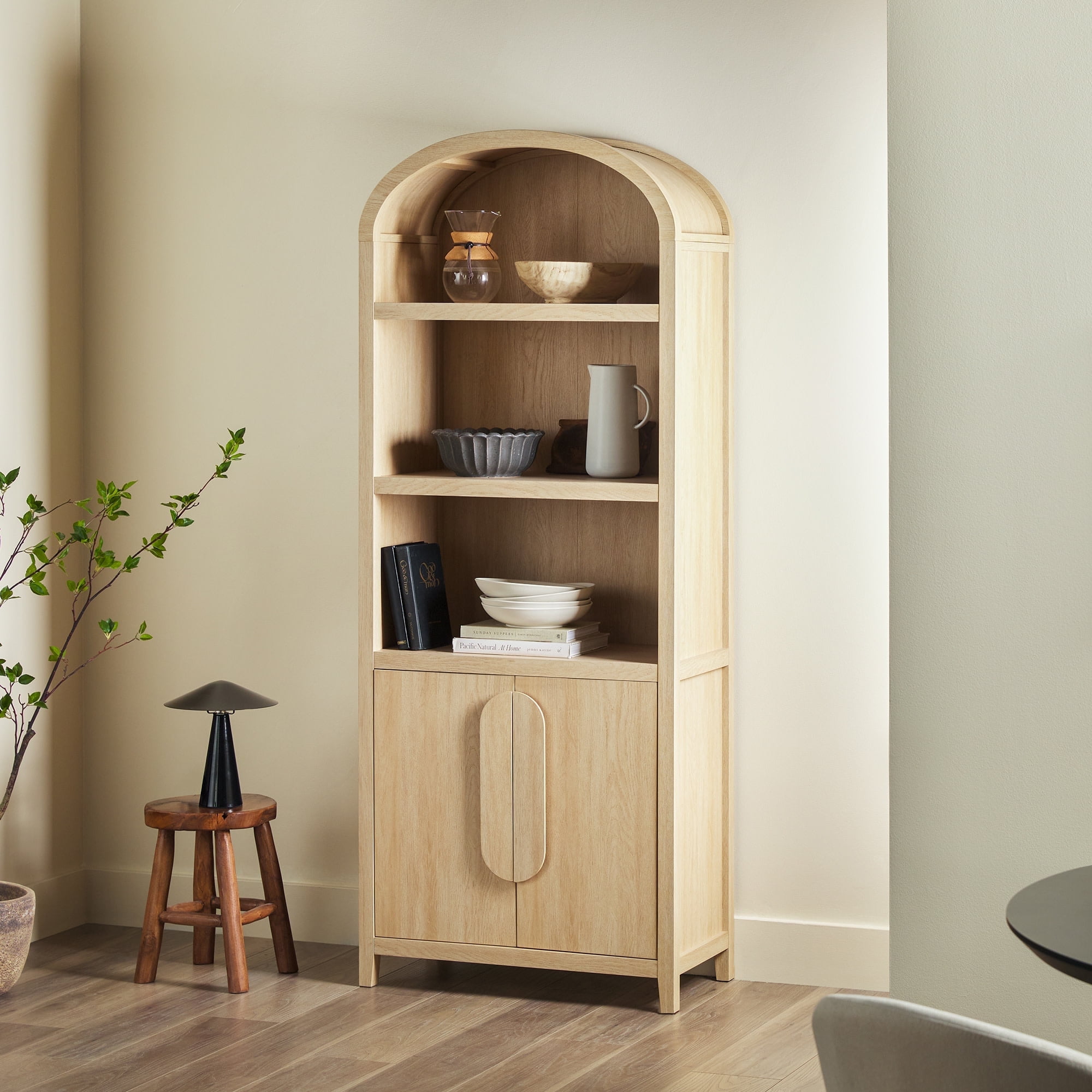 Walker Edison Modern 3 Shelf Open Arched Bookcase Cabinet, Coastal Oak