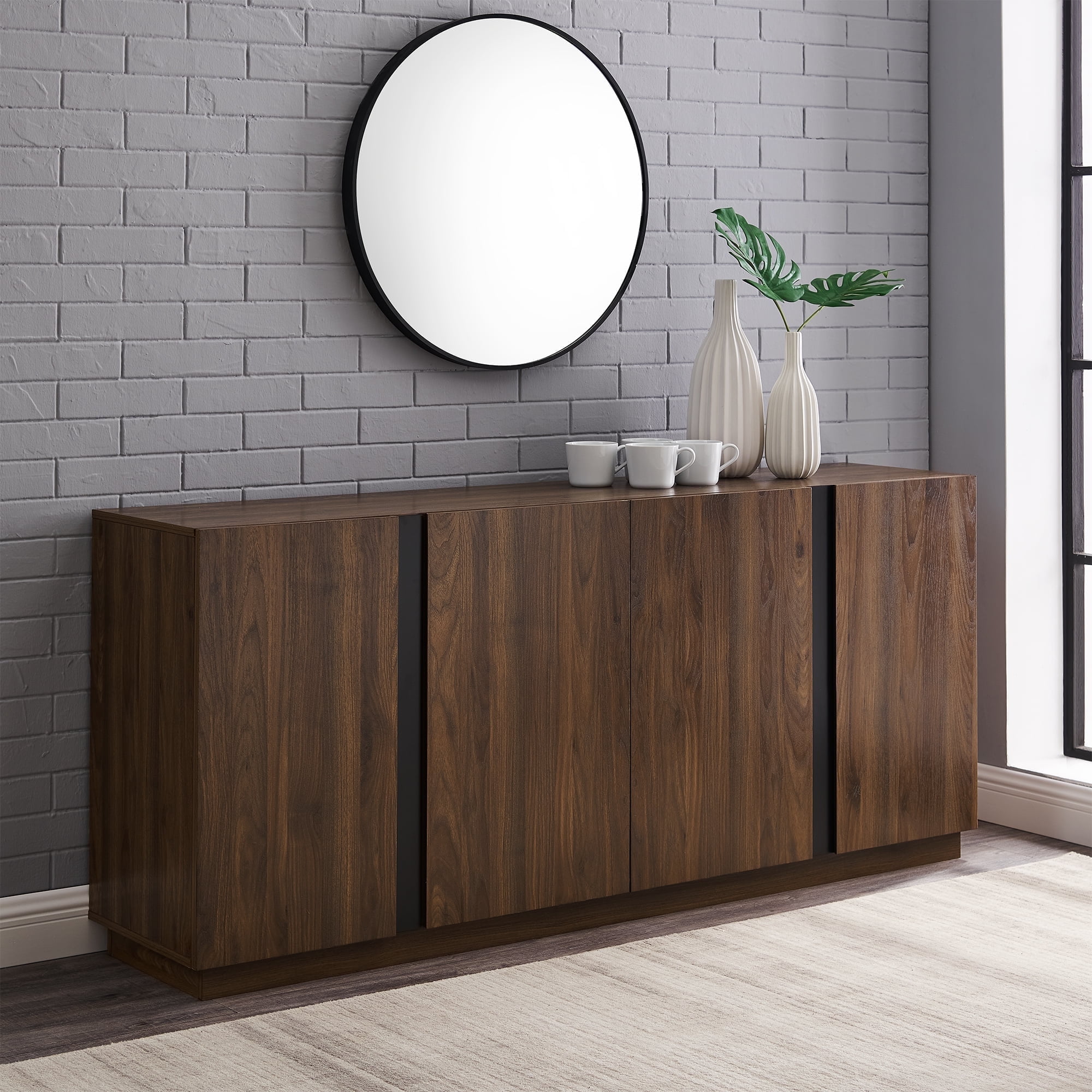 Walker Edison Modern 4-Door TV Stand for TVs up to 80”, Dark Walnut