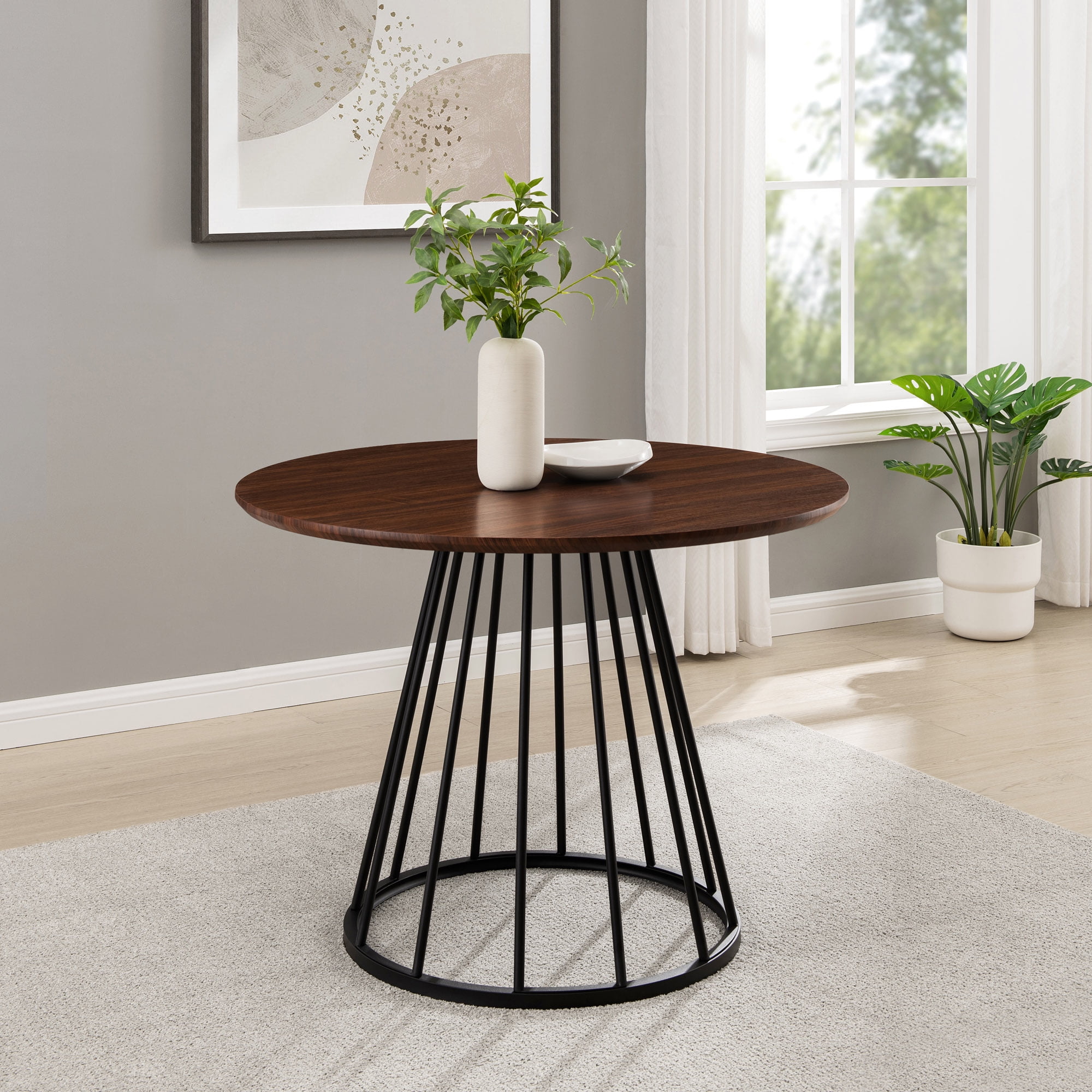 Walker Edison Modern 40" Round Dining Table with Metal Cage Base, Dark ...