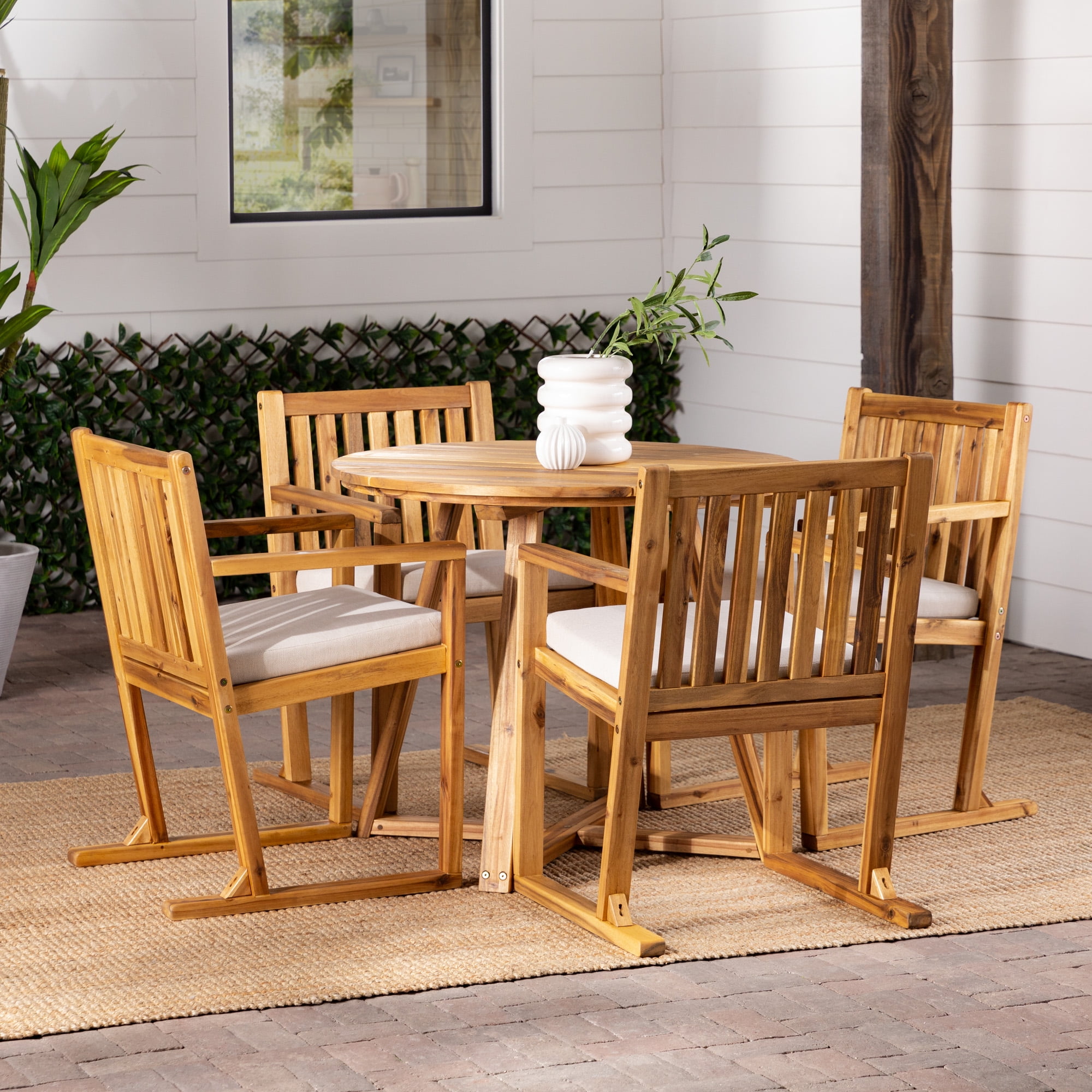 Walker Edison Modern 5-Piece Solid Wood Outdoor Dining Set, Natural ...