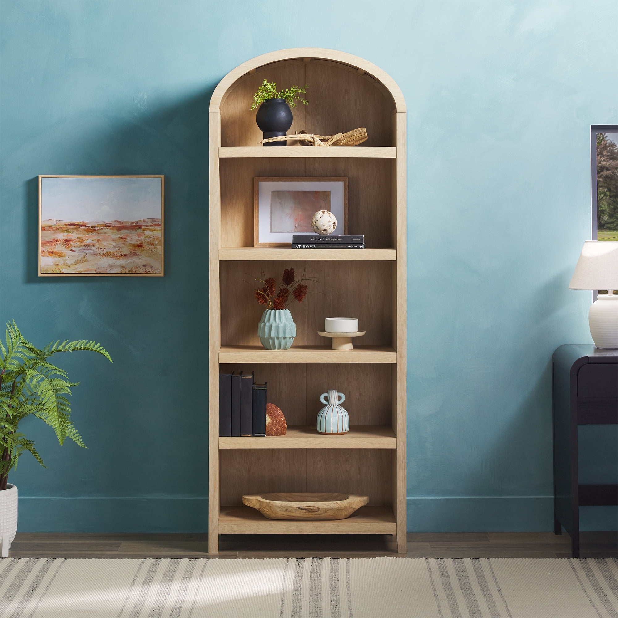 Walker Edison Modern 5 Shelf Open Arched Bookshelf, Coastal Oak