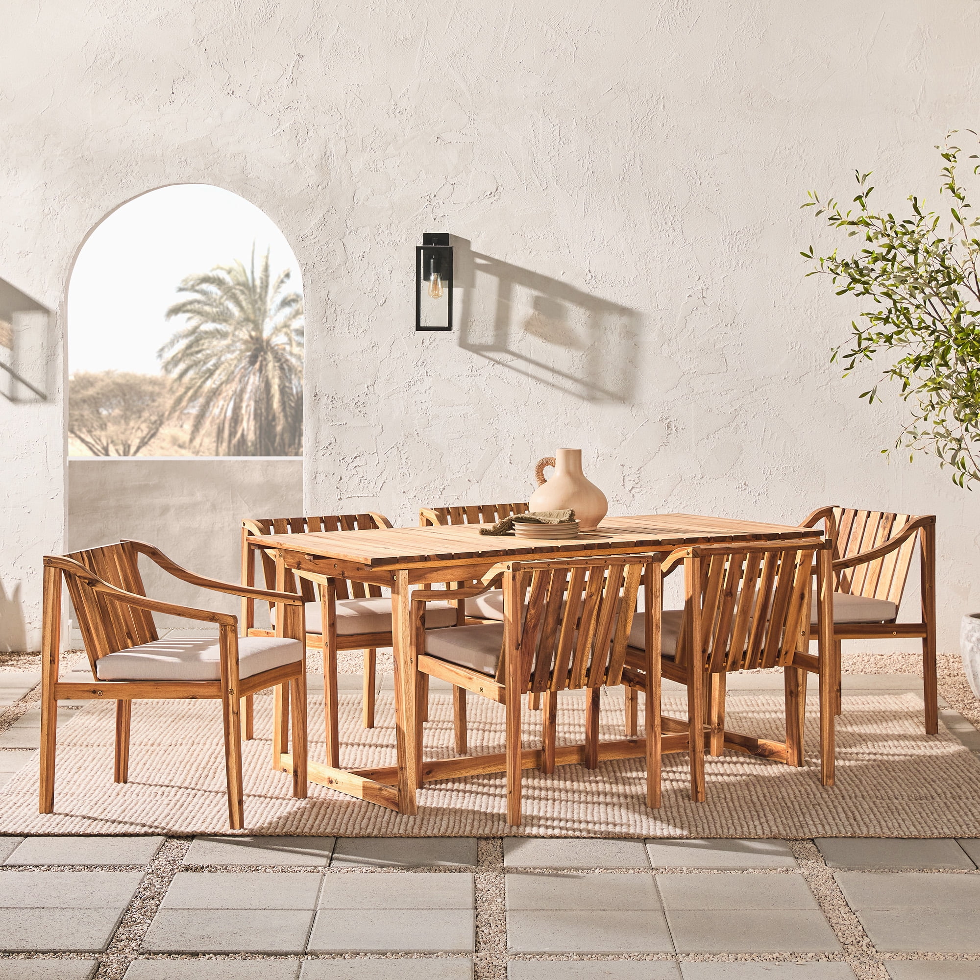 Walker Edison Modern 7-Piece Slatted Outdoor Dining Set, Natural