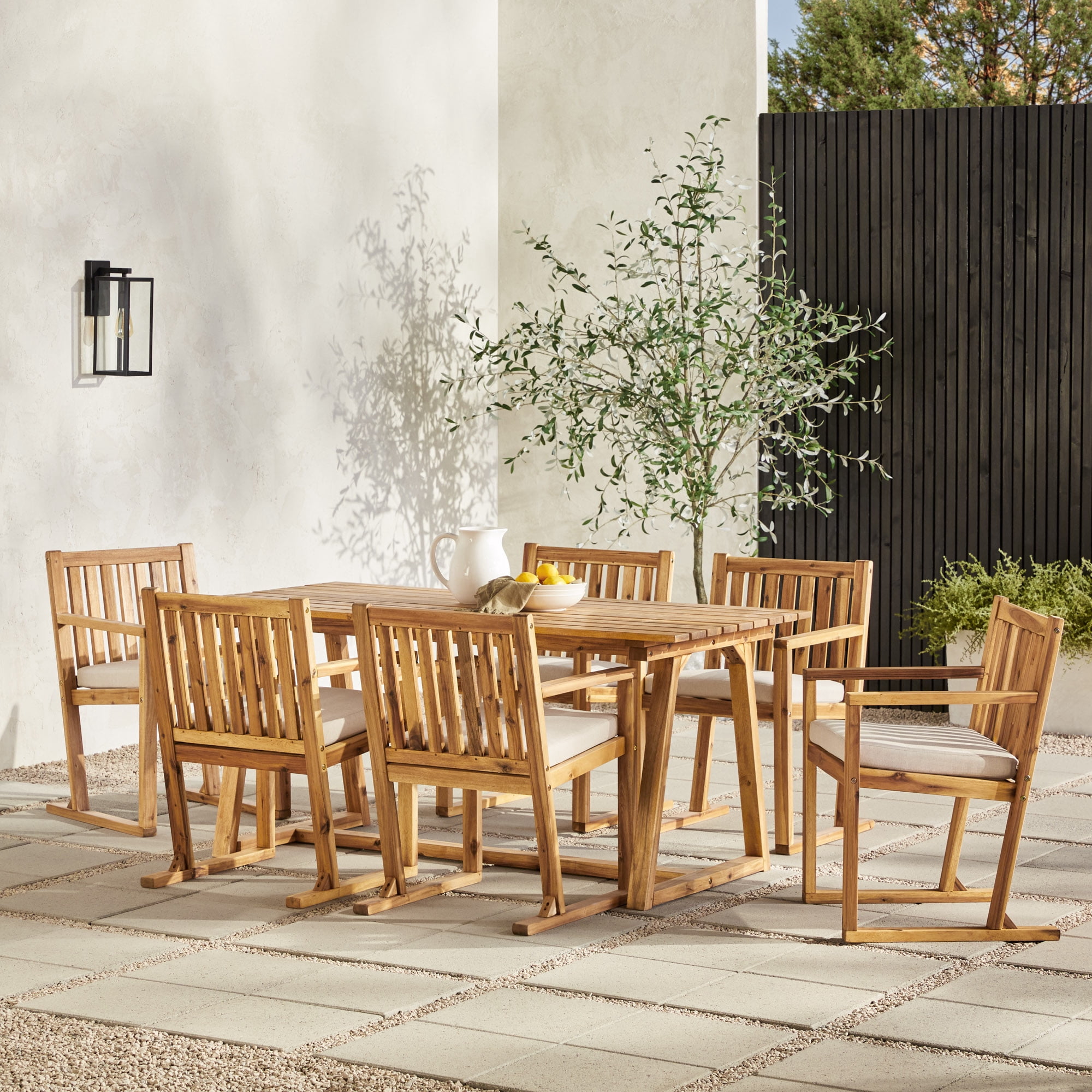 Walker Edison Modern 7-Piece Solid Wood Outdoor Dining Set, Natural