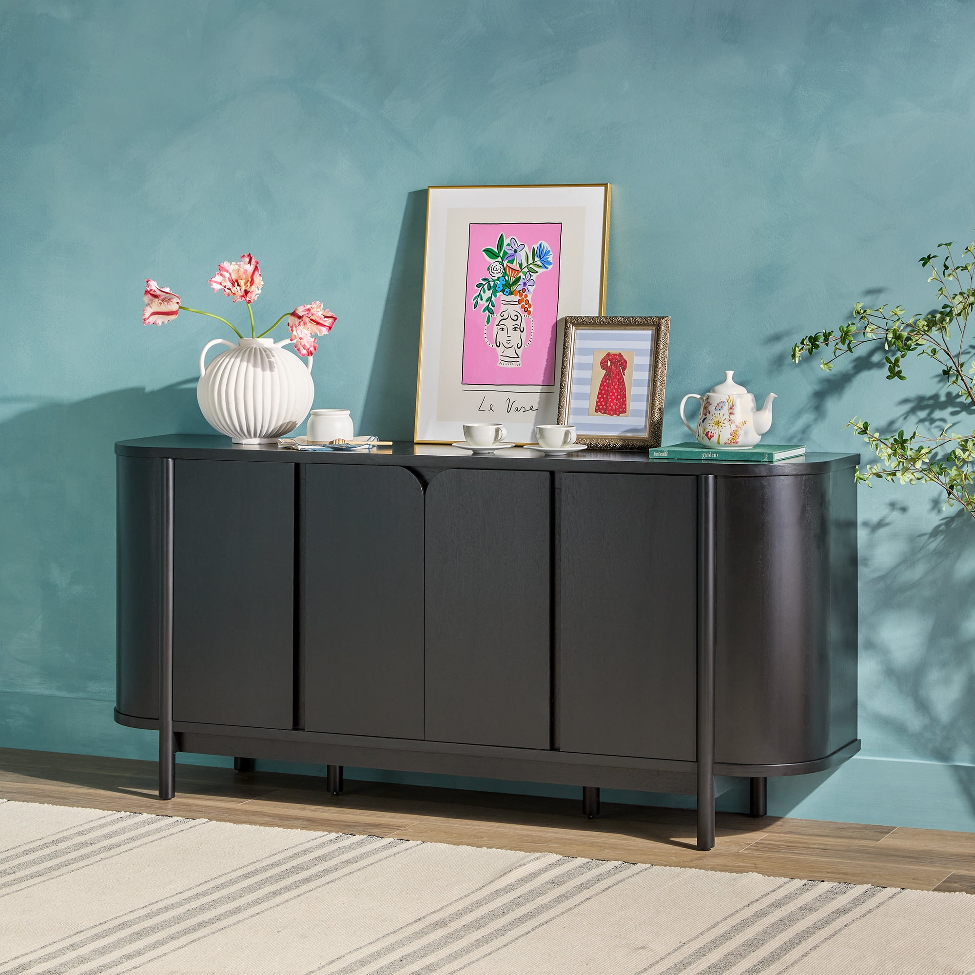 Ezra 70" Black Solid Wood Curved Sideboard Cabinet