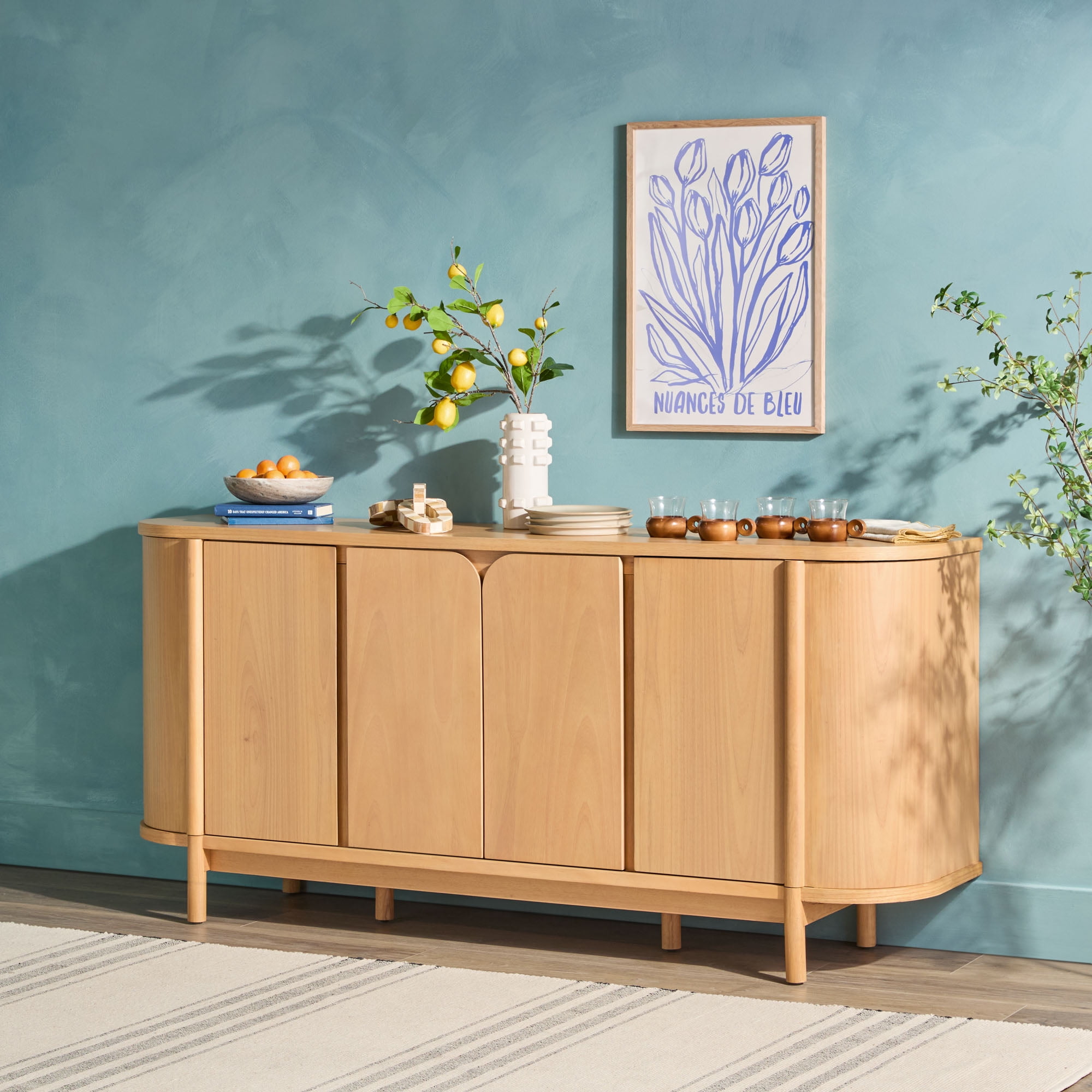 Modern Natural Solid Wood 70" Curved Sideboard Cabinet