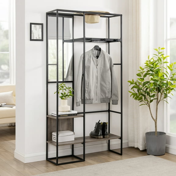 Walker Edison Modern 70" Storage Hall Tree with Mirror, Grey Wash