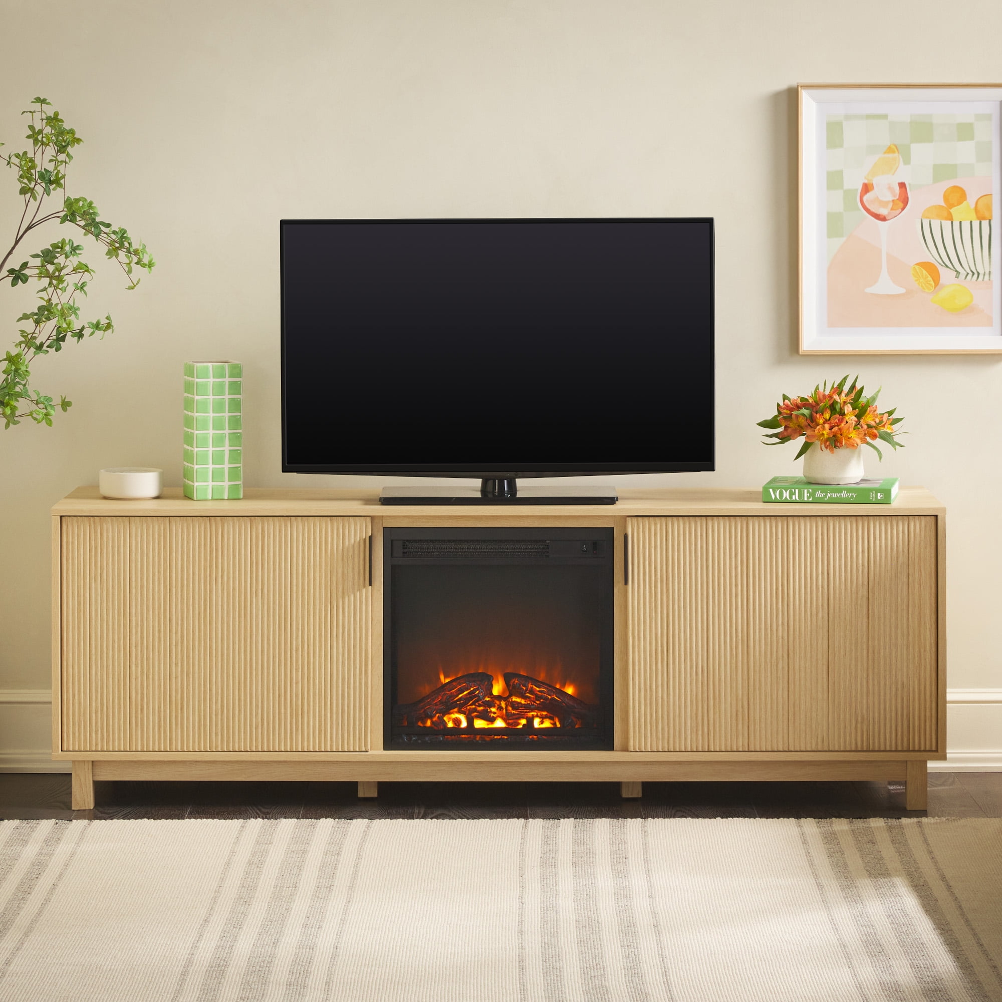 70" Coastal Oak TV Stand with Electric Fireplace and Reeded Doors