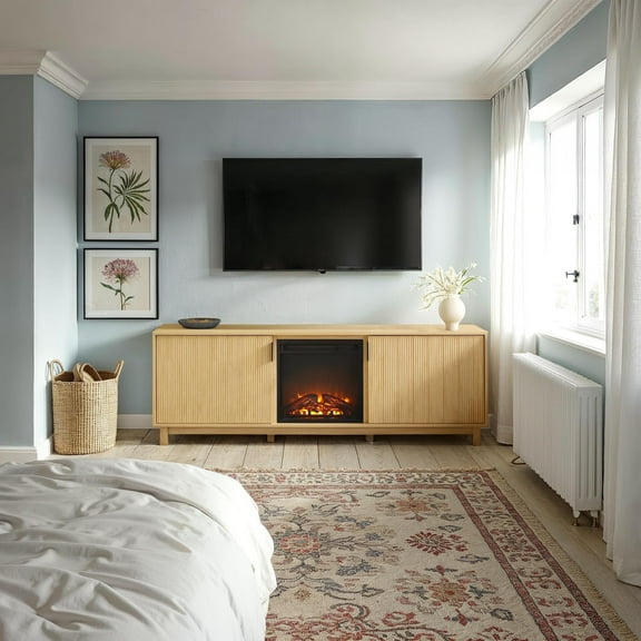 Walker Edison Modern 70" TV Stand with Electric Fireplace, Coastal Oak