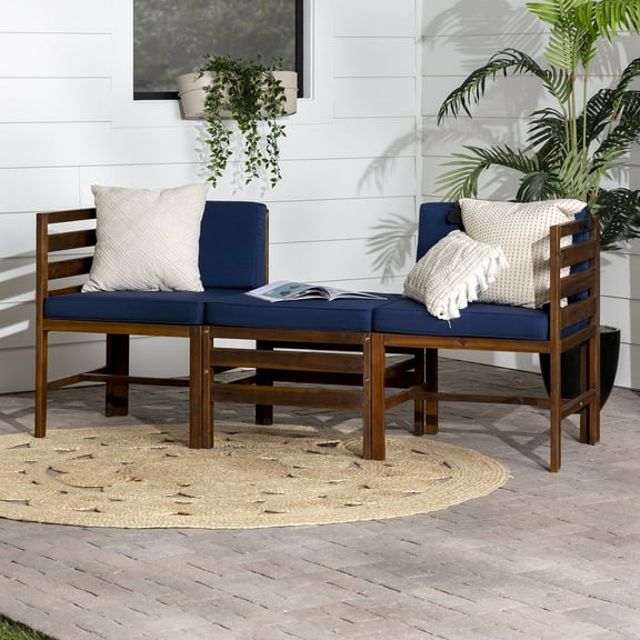 Walker Edison Modern Acacia Modular Patio Sofa Set, Dark Brown/Navy