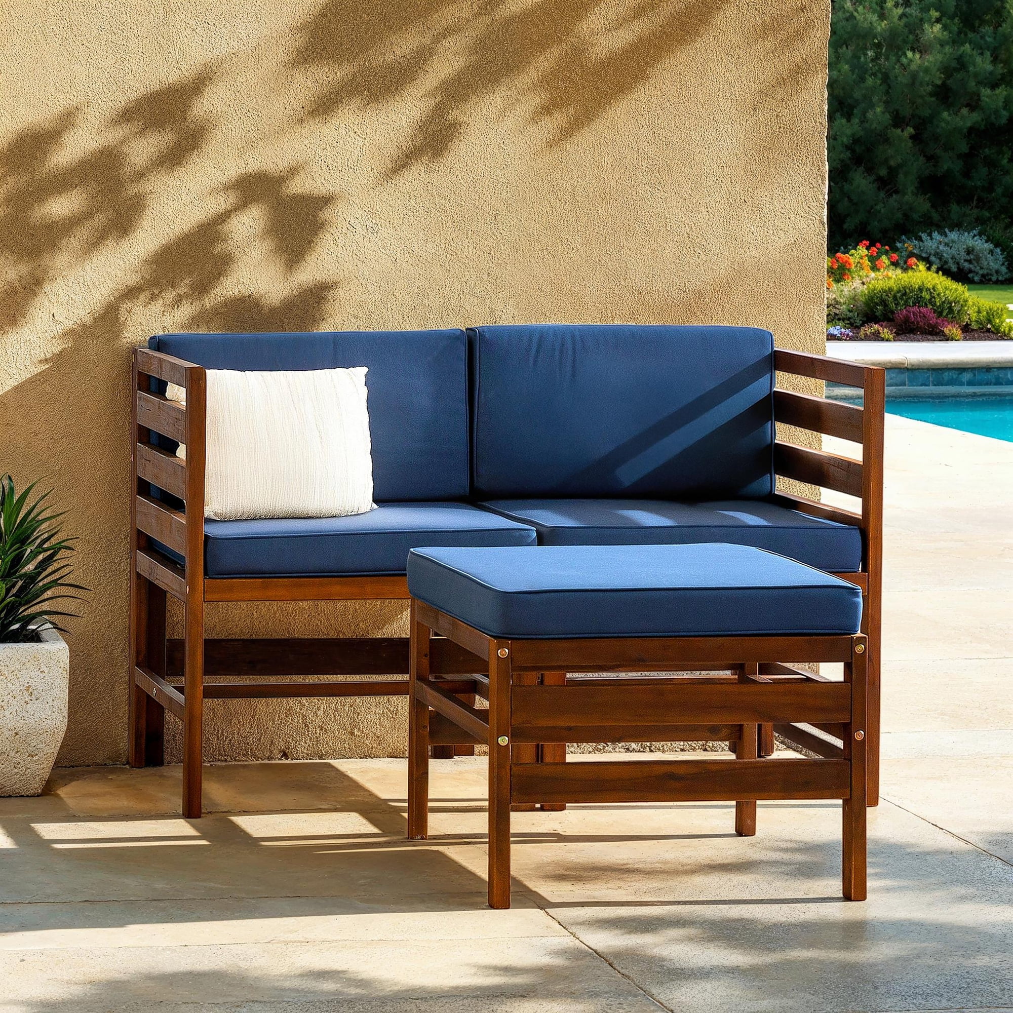 Sanibel Acacia Wood Outdoor Arm Chairs and Ottoman Set - Dark Brown/Navy