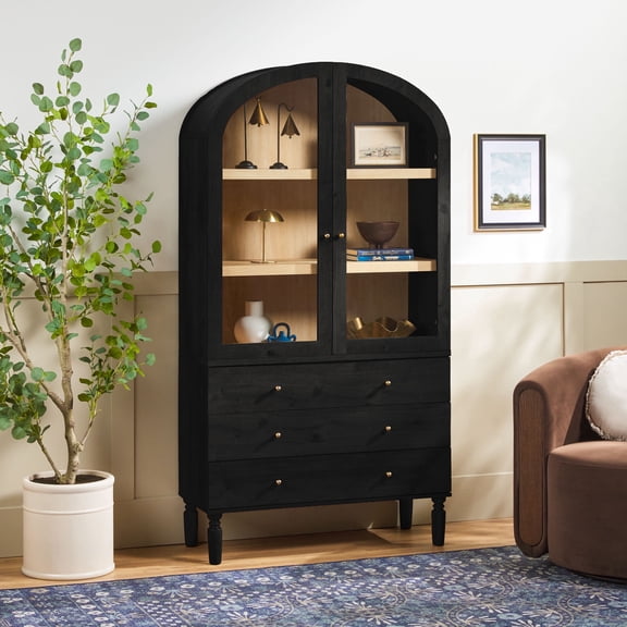 Walker Edison Modern Arched Bookshelf Glass Door Cabinet with Lower Drawers, Black