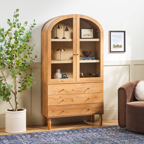 Walker Edison Modern Arched Bookshelf Glass Door Cabinet with Lower Drawers, English Oak