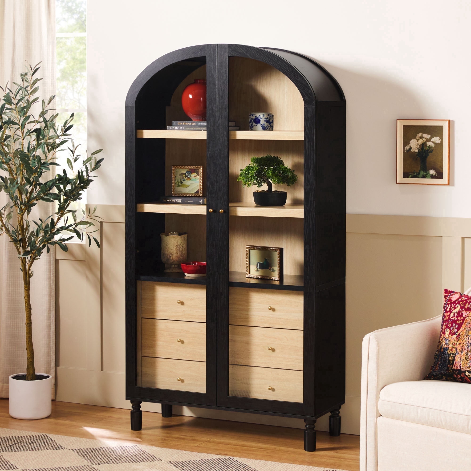 Walker Edison Modern Arched Bookshelf Tall Glass Door Cabinet with Inner Drawers, Black