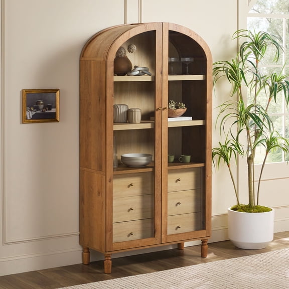 Walker Edison Modern Arched Bookshelf Tall Glass Door Cabinet with Inner Drawers, English Oak