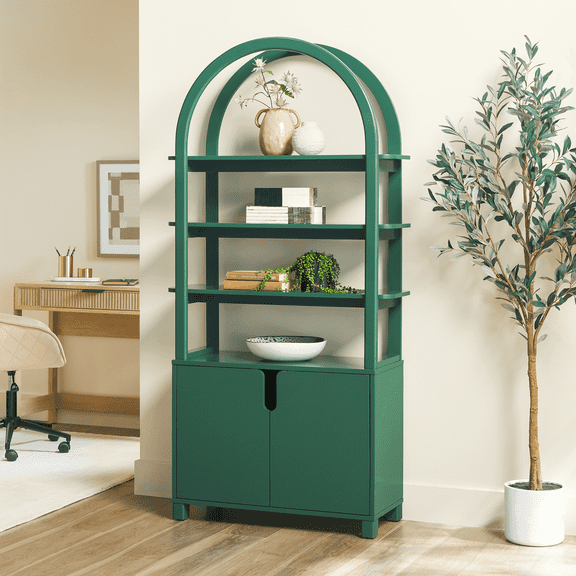 Walker Edison Modern Arched Cabinet Bookcase with Storage, Green