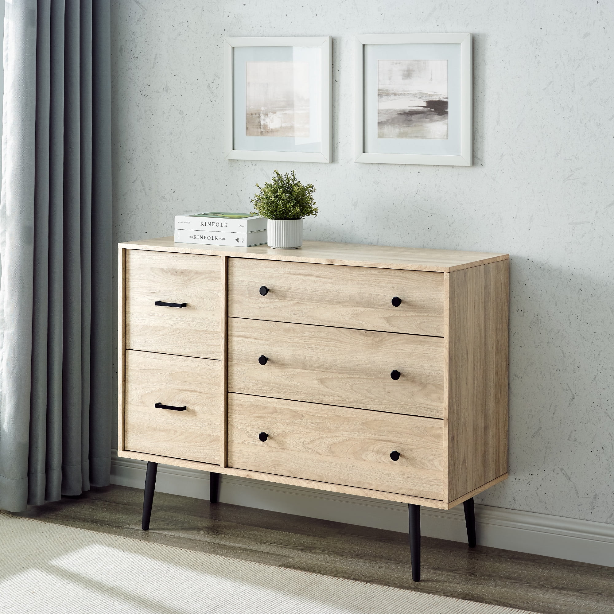 Walker Edison Modern Asymmetric 5 Drawer Wood Dresser, Birch