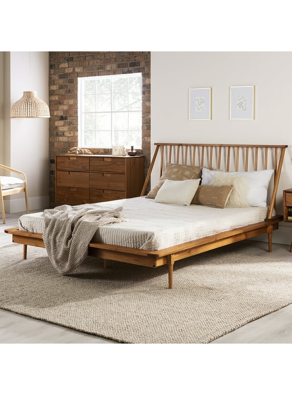 Walker Edison Modern Boho Queen Size Solid Wood Platform Bed, Caramel