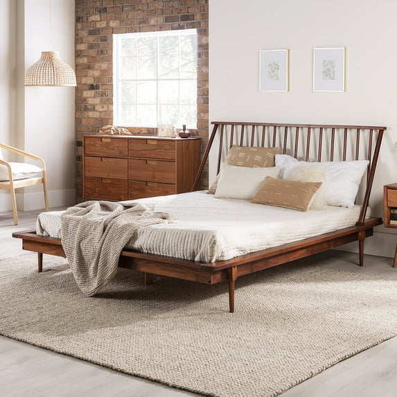 Walker Edison Modern Boho Queen Size Solid Wood Platform Bed, Walnut