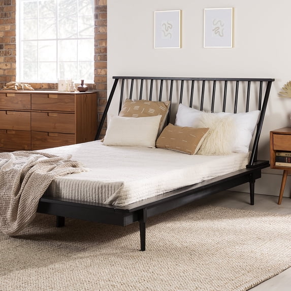 Walker Edison Modern Boho Solid Wood Queen Platform Bed Frame, Black