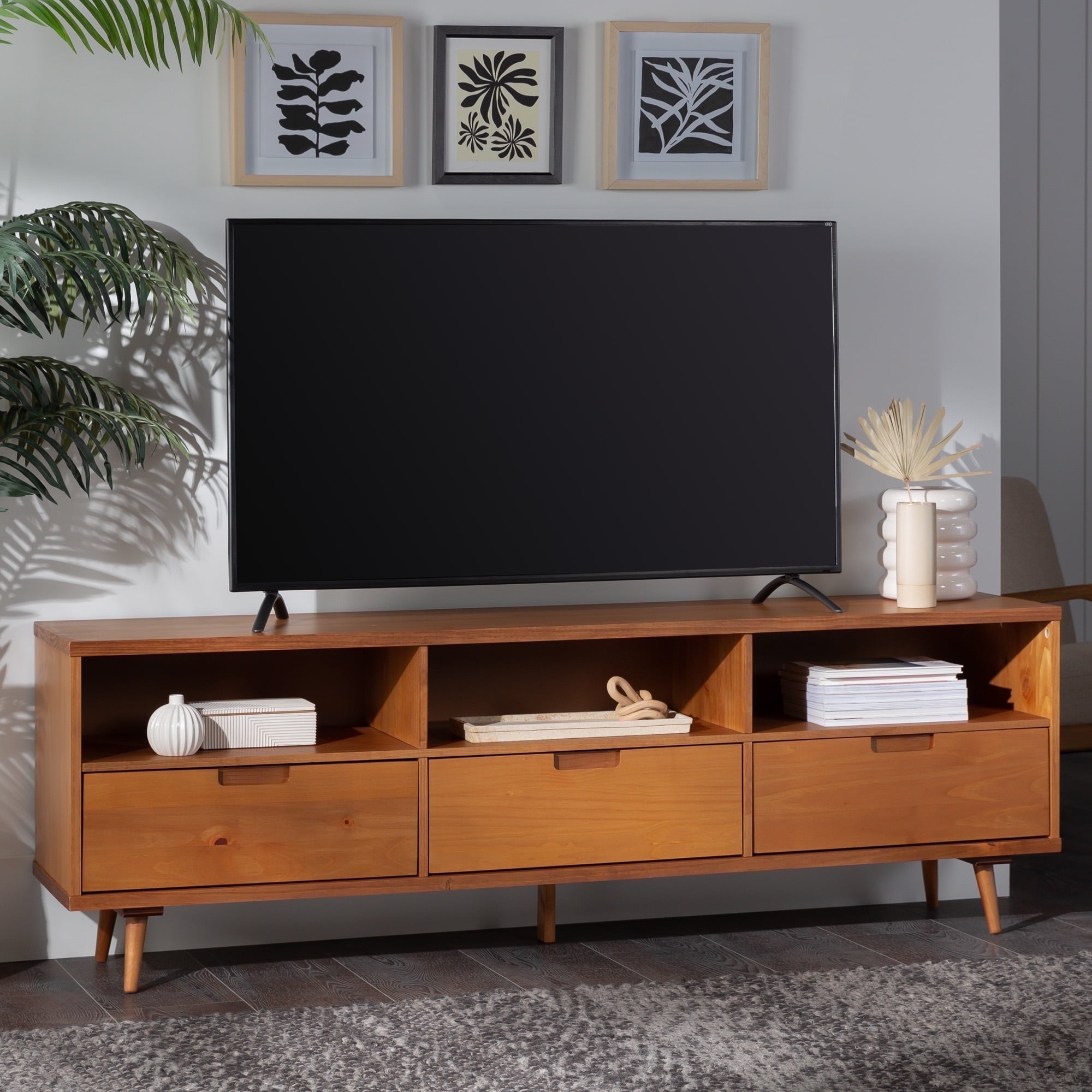 Walker Edison Modern Boho Wood 3 Drawer 70” TV Stand, Caramel