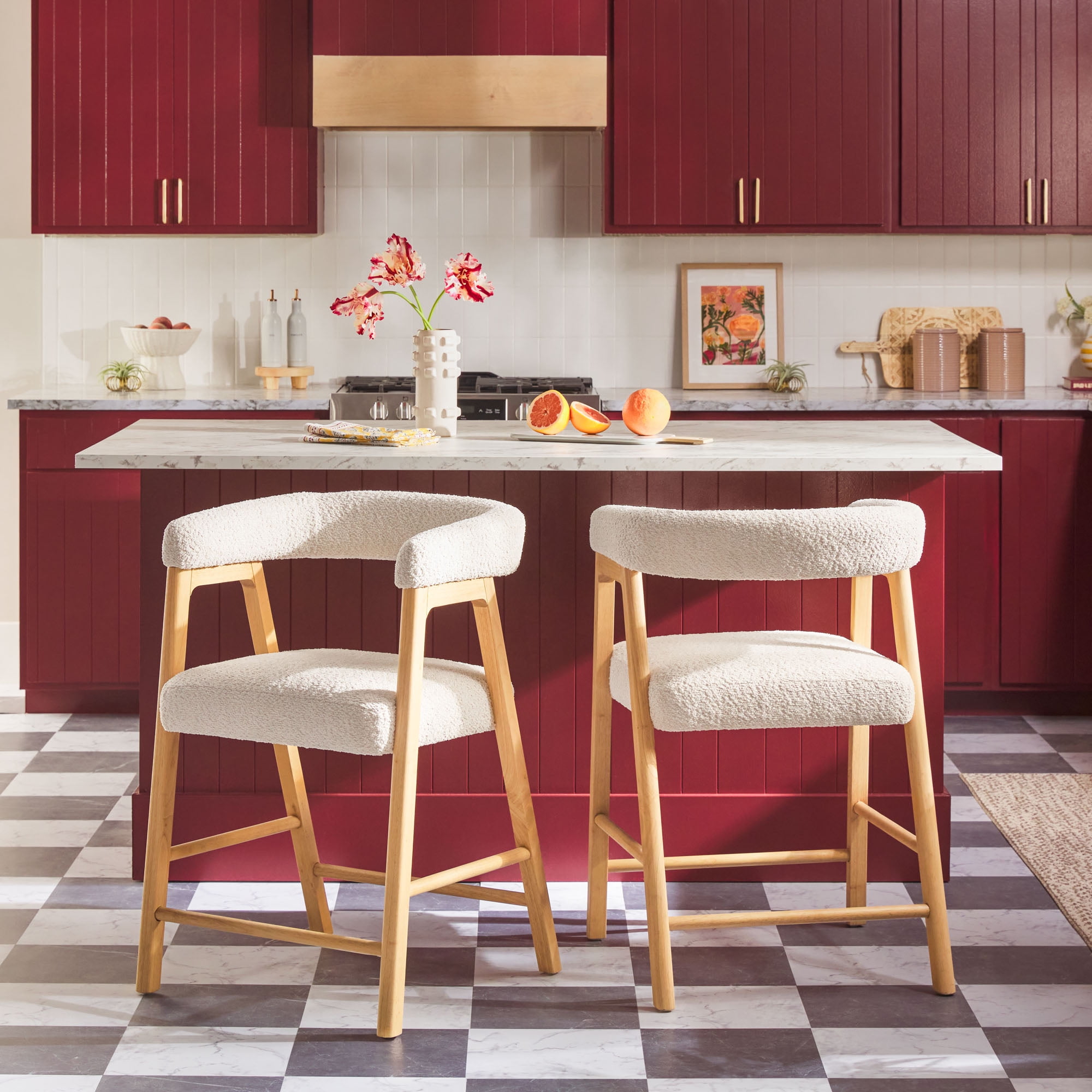 Ivory Boucle Curved Back Modern Counter Stool with Wood Legs