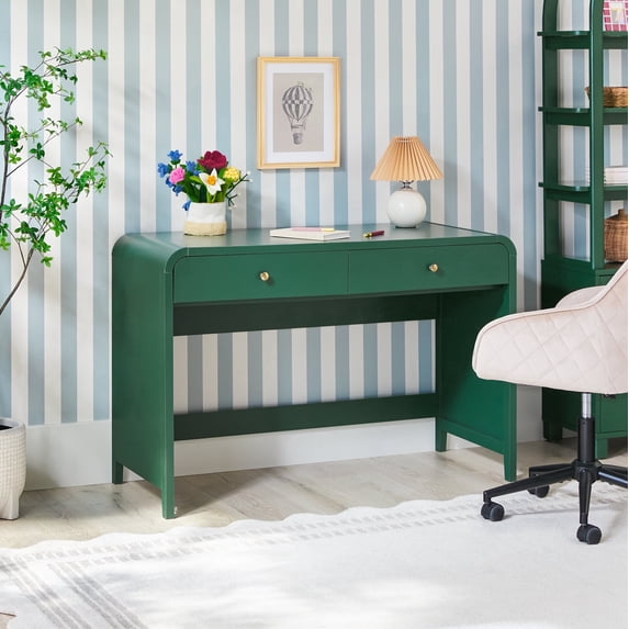 Walker Edison Modern Curve Design Writing Desk with Drawer, Green