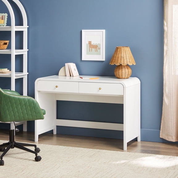 Walker Edison Modern Curve Design Writing Desk with Drawer, White