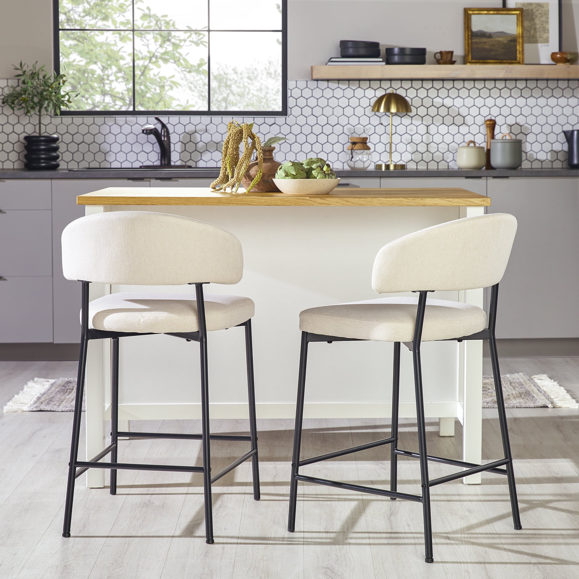 Walker Edison Modern Curved Back Counter Stool, Set of 2, Ivory