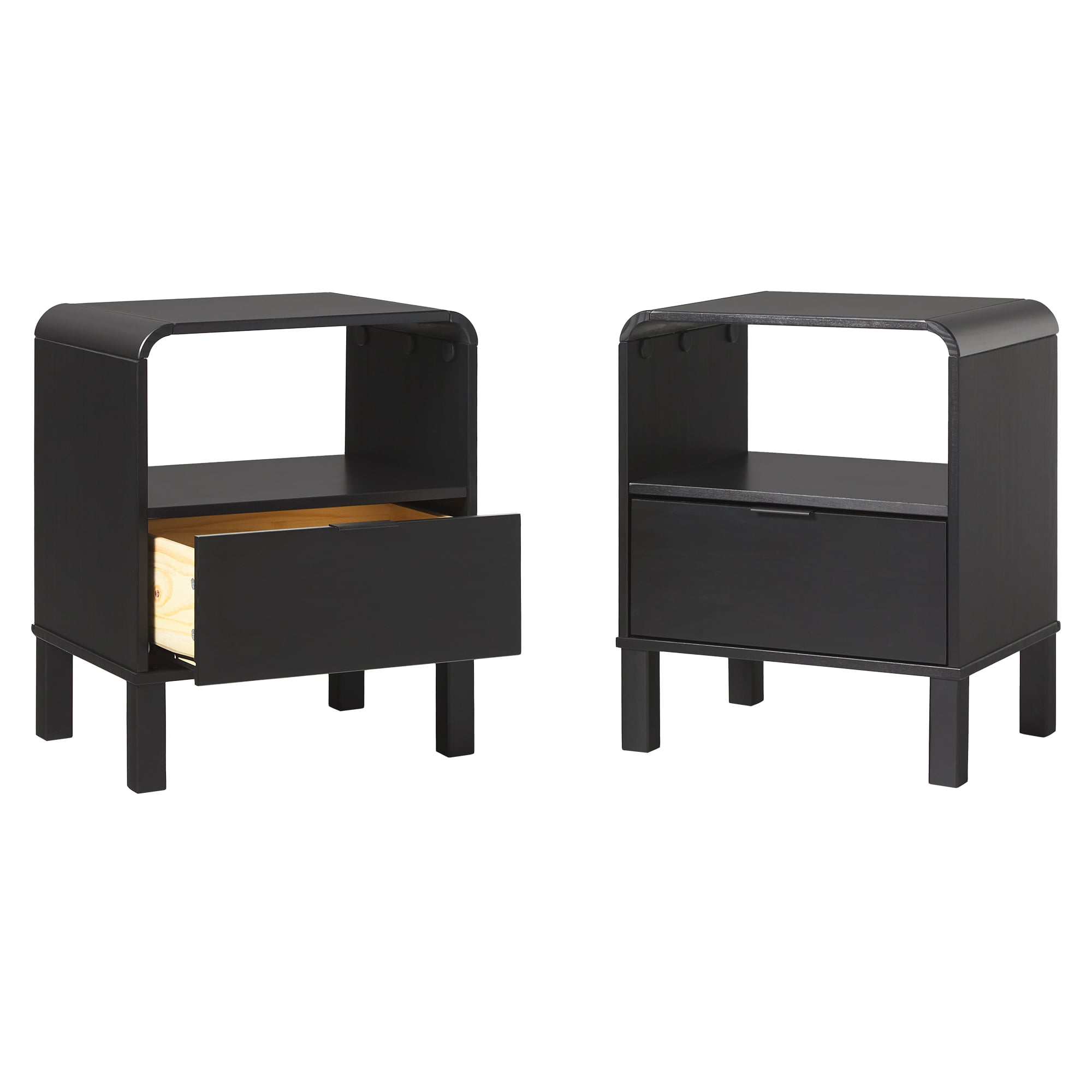 Walker Edison Modern Curved-Frame Solid Wood Nightstand, 2 Pack, Black