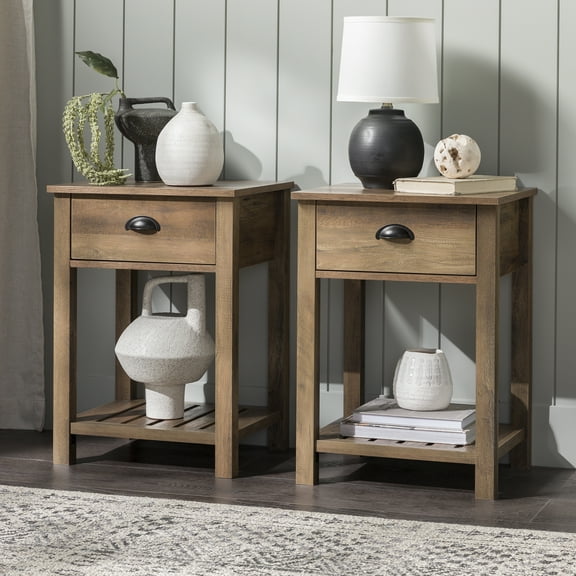 Walker Edison Modern Farmhouse 1 Drawer End Table, Set of 2, Rustic Oak