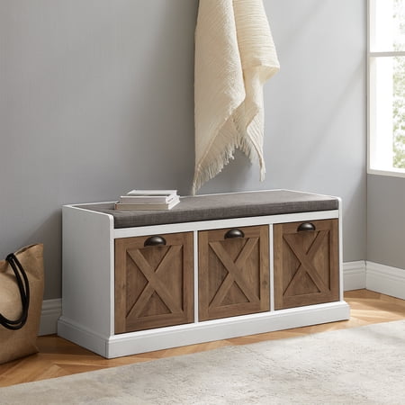 Walker Edison Modern Farmhouse 3 Drawer Storage Bench, Barnwood and White