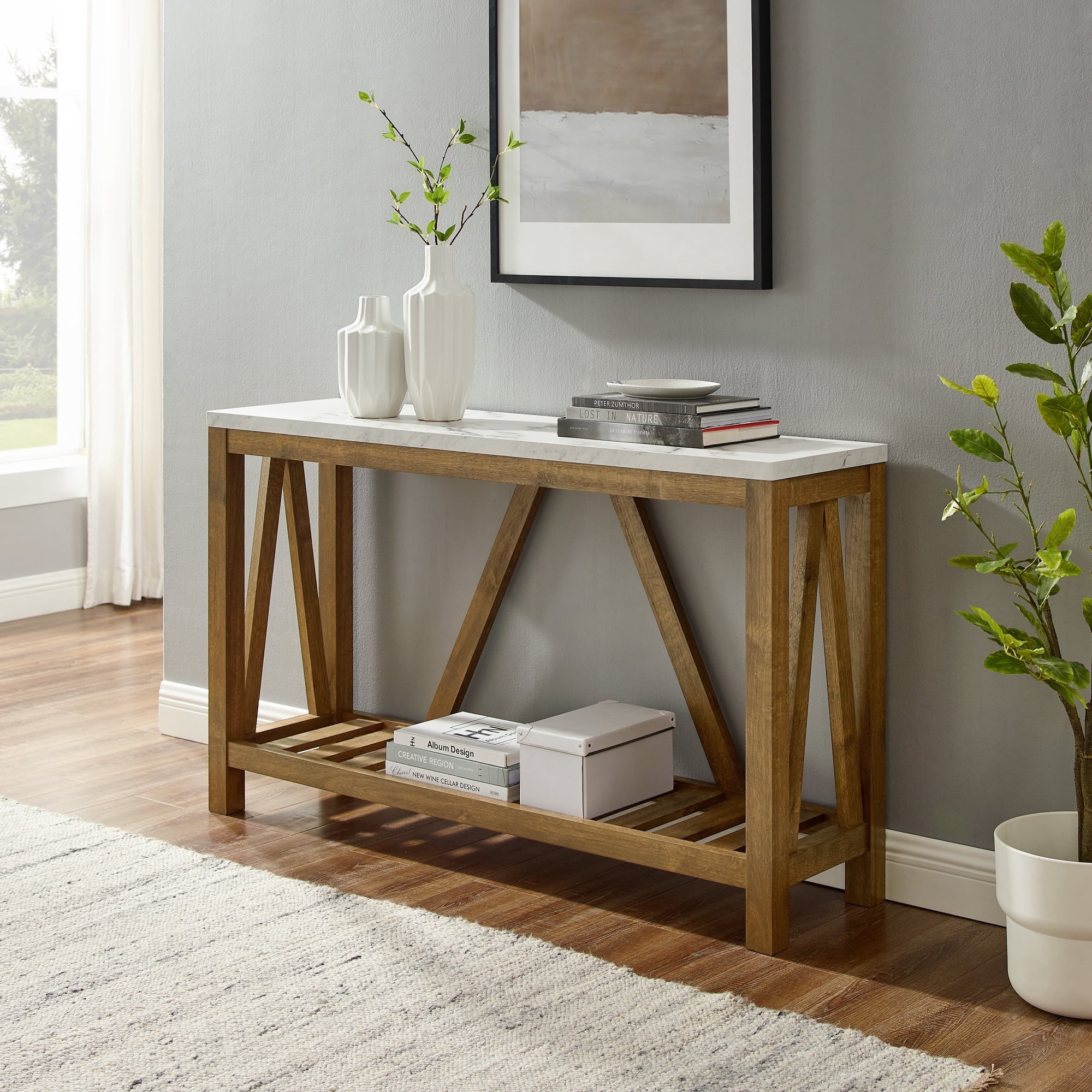 Walker Edison Modern Farmhouse Faux Marble and Walnut Entryway Table, Faux White Marble/Walnut