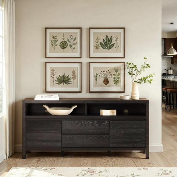 Walker Edison Modern Farmhouse Rustic Solid Oak Wood 65" Sideboard with Storage - Black Oak