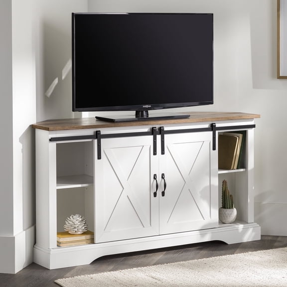 Walker Edison Modern Farmhouse Sliding Door Corner TV Stand, Rustic Oak/Solid White