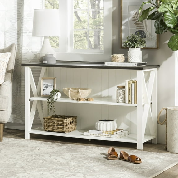 Walker Edison Modern Farmhouse Solid Wood Storage Console Table, White/Grey