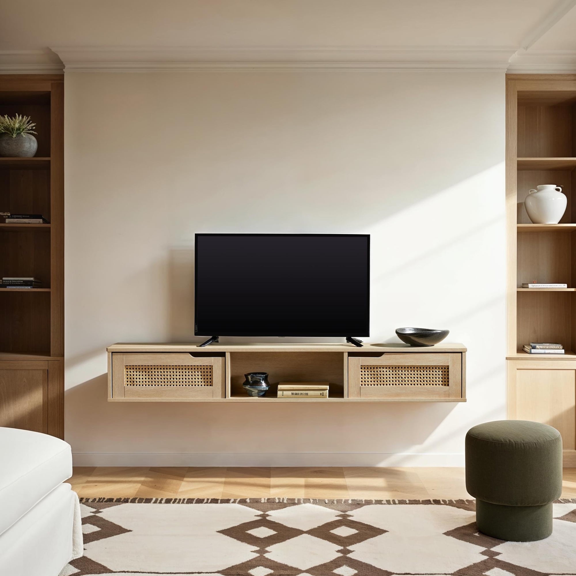 58" Coastal Oak Floating TV Stand with Rattan Doors