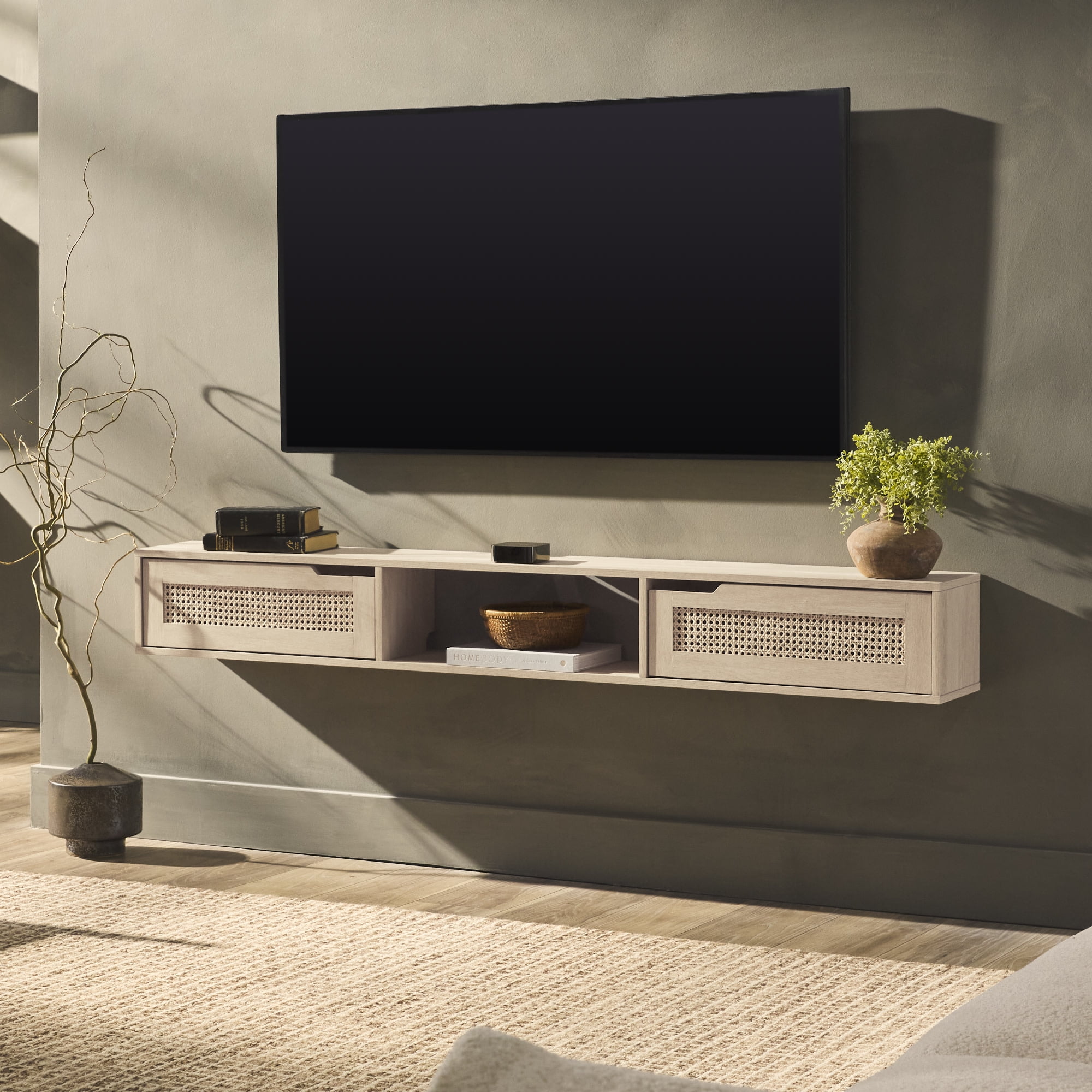 58" Coastal Oak Floating TV Stand with Rattan Doors