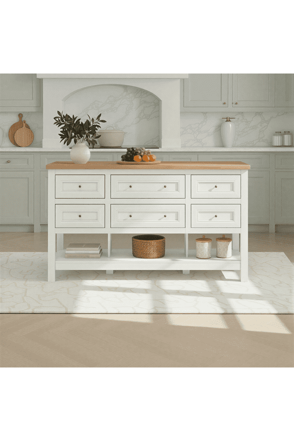 Modern Free-Standing Kitchen Island with 6 Drawers, White