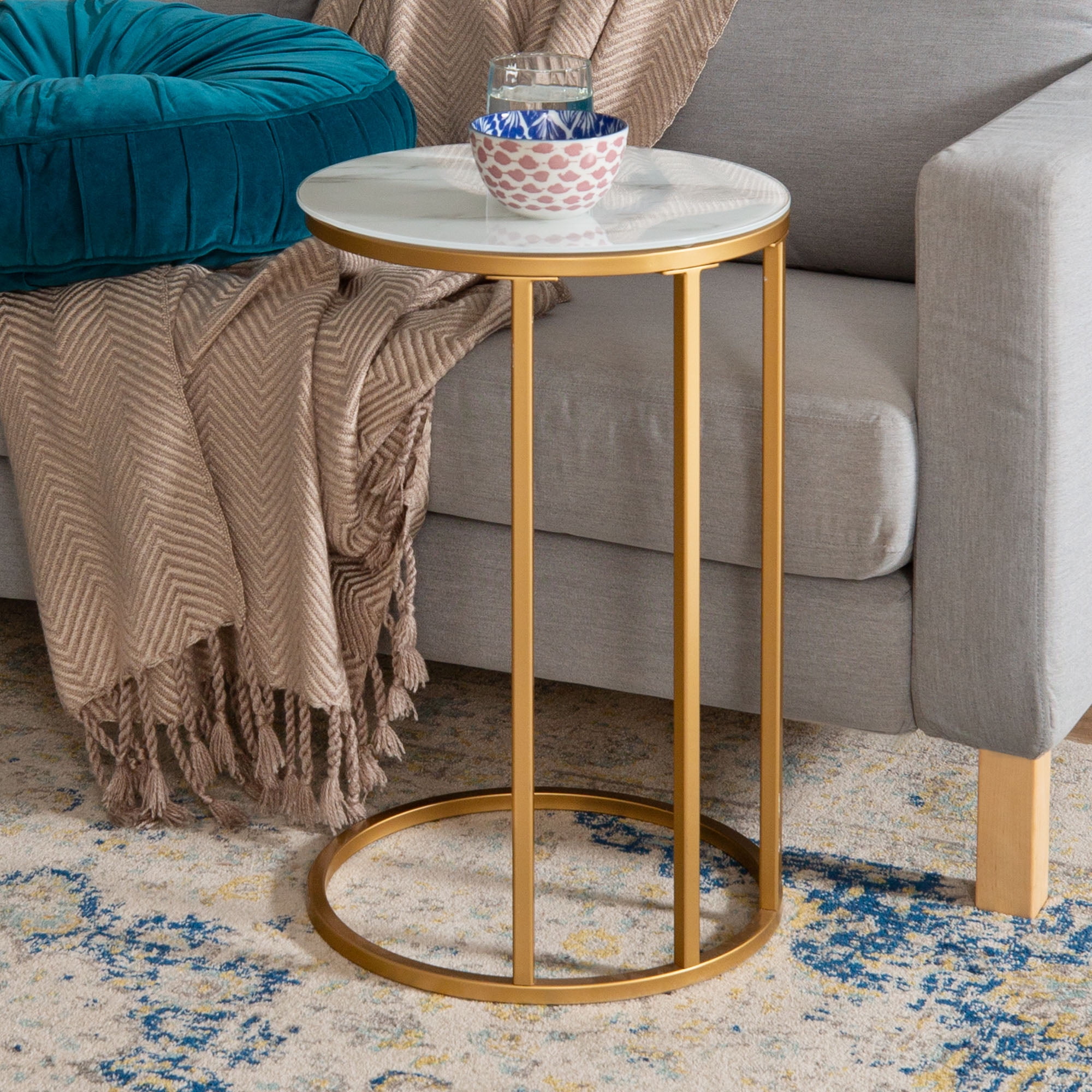 Walker Edison Modern Glam 16" C-Shaped End Table, Faux Marble/Gold