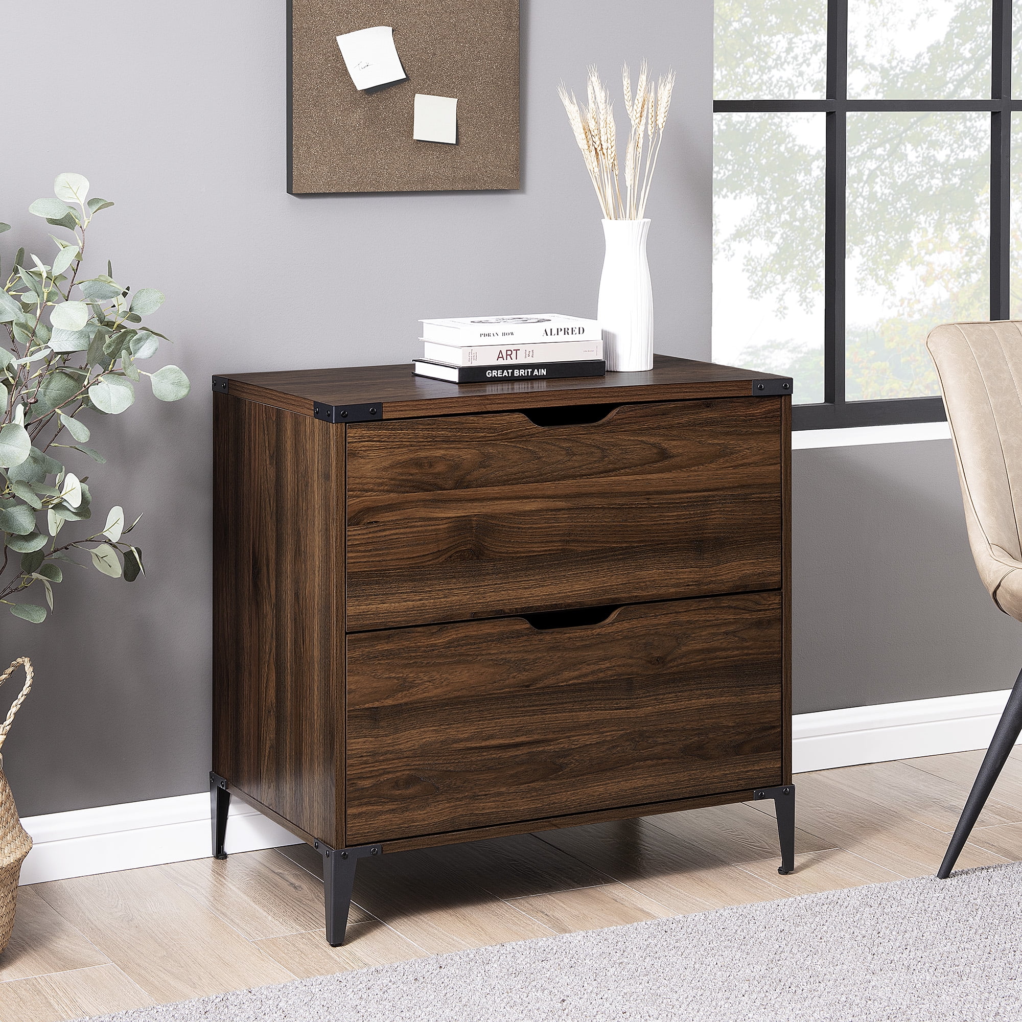 Walker Edison Modern Industrial 2-Drawer File Cabinet, Dark Walnut